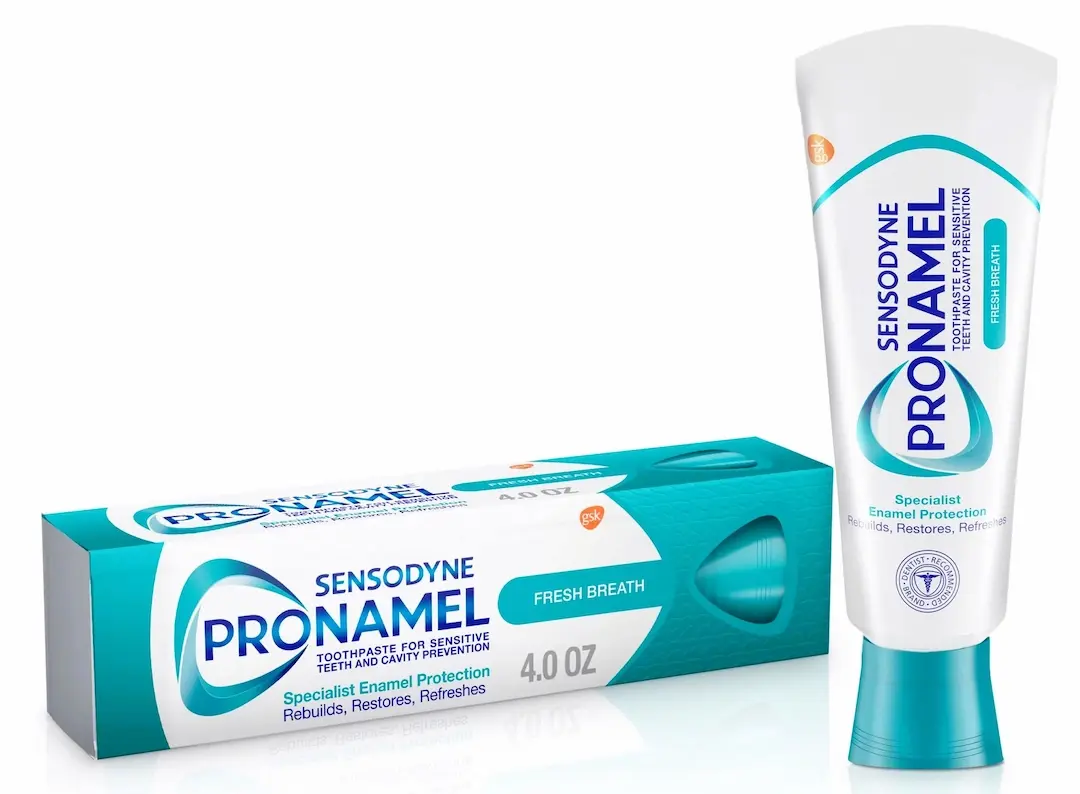 Visual of a Sensodyne Pronamel Fresh Breath toothpaste tube